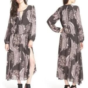Free People Womens Floral Maxi Dress Purple Long Sleeve Boho Whimsigoth Medium